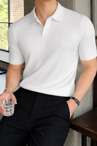 Erkek Oversize Fitilli Polo Yaka İnce Triko T-shirt Beyaz