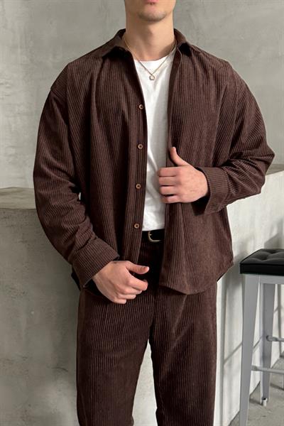 Erkek Oversize Kesim Kadife Gömlek Kahverengi
