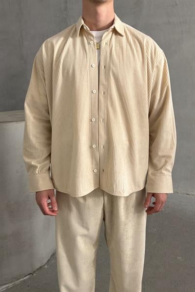 Erkek Oversize Kesim Kadife Gömlek Krem