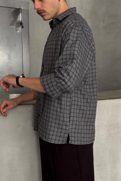 Erkek Oversize Kesim Kareli Gömlek Gri