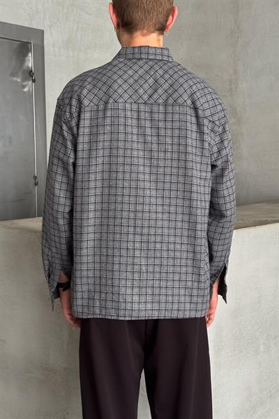 Erkek Oversize Kesim Kareli Gömlek Gri