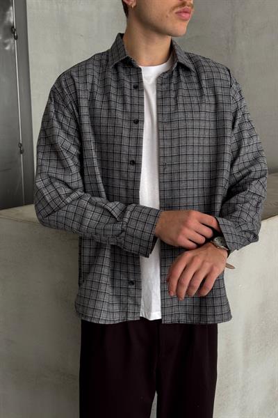 Erkek Oversize Kesim Kareli Gömlek Gri