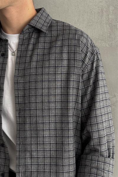 Erkek Oversize Kesim Kareli Gömlek Gri