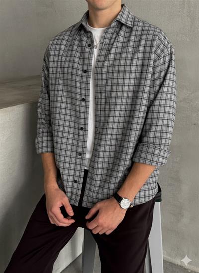 Erkek Oversize Kesim Kareli Gömlek Grimelanj