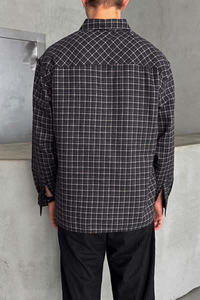 Erkek Oversize Kesim Kareli Gömlek Siyah