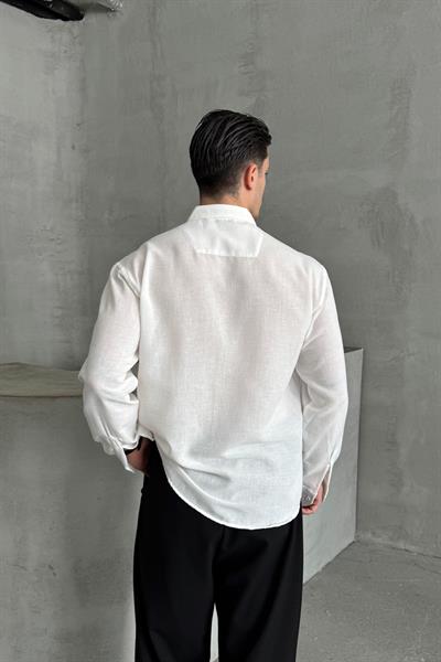 Erkek Oversize Kesim Keten Görünümlü Gömlek Beyaz