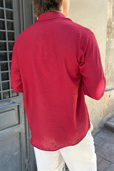 Erkek Oversize Kesim Keten Görünümlü Gömlek Bordo