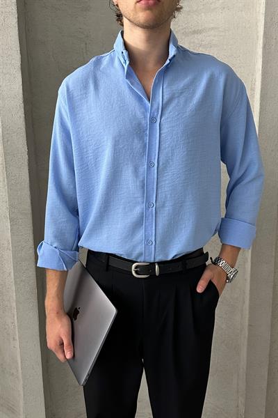 Erkek Oversize Kesim Keten Görünümlü Gömlek Açık Mavi