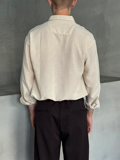 Erkek Oversize Kesim Keten Görünümlü Gömlek Bej