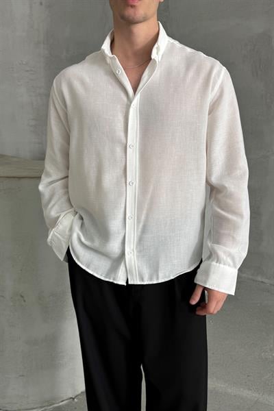 Erkek Oversize Kesim Keten Görünümlü Gömlek Beyaz