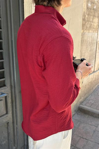 Erkek Oversize Kesim Keten Görünümlü Gömlek Bordo