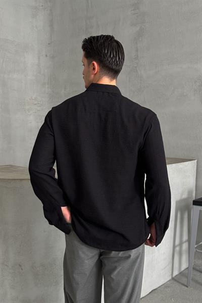 Erkek Oversize Kesim Keten Görünümlü Gömlek Siyah