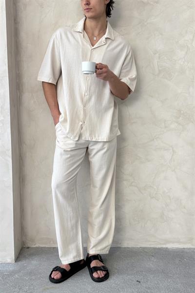 Erkek Oversize Keten Gömlek Pantolon Takım Krem
