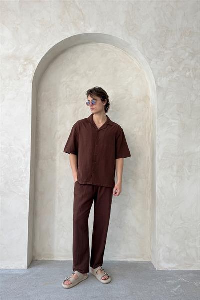 Erkek Oversize Keten Gömlek Pantolon Takım Kahverengi