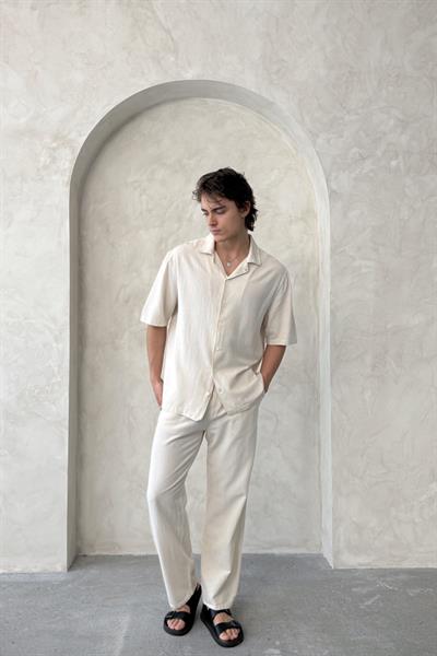 Erkek Oversize Keten Gömlek Pantolon Takım Krem