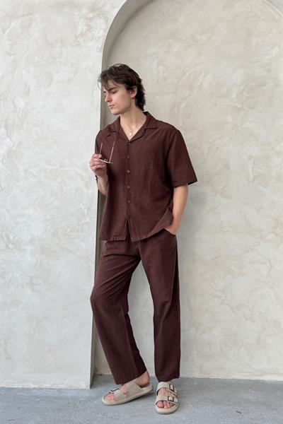 Erkek Oversize Keten Gömlek Pantolon Takım Kahverengi
