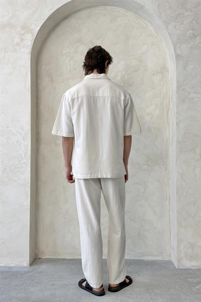 Erkek Oversize Keten Gömlek Pantolon Takım Krem