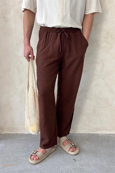 Erkek Oversize Keten Gömlek Pantolon Takım Kahverengi