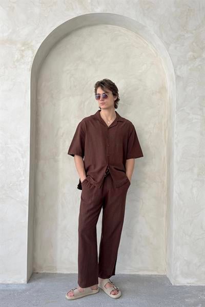 Erkek Oversize Keten Gömlek Pantolon Takım Kahverengi