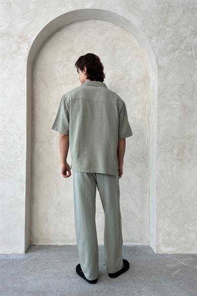 Erkek Oversize Keten Gömlek Pantolon Takım Haki