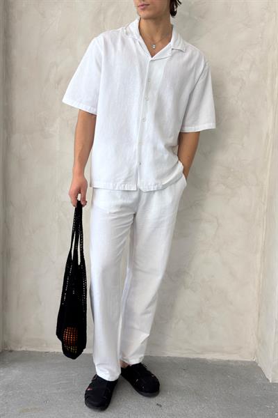 Erkek Oversize Keten Gömlek Pantolon Takım Beyaz