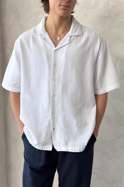 Erkek Oversize Keten Gömlek Pantolon Takım Beyaz