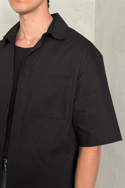 Erkek Oversize Kısa Kol Gabardin Gömlek Siyah