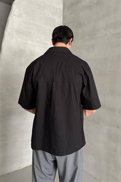 Erkek Oversize Kısa Kol Gabardin Gömlek Siyah