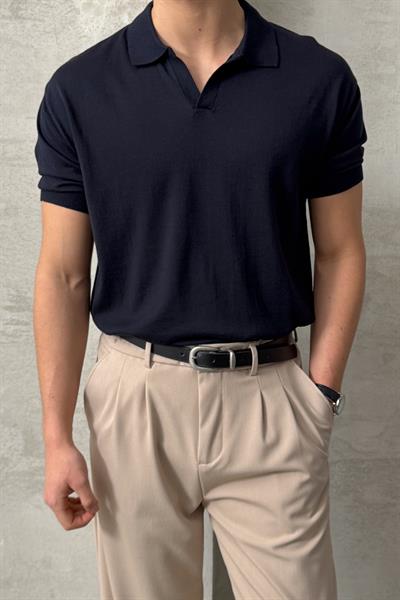 Erkek Oversize Pamuklu Polo Yaka Triko T-Shirt Lacivert