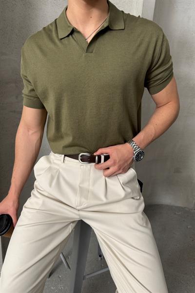 Erkek Oversize Pamuklu Polo Yaka Triko T-Shirt Yeşil