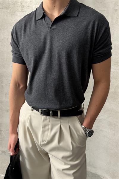 Erkek Oversize Pamuklu Polo Yaka Triko T-Shirt Antrasit