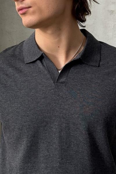Erkek Oversize Pamuklu Polo Yaka Triko T-Shirt Antrasit
