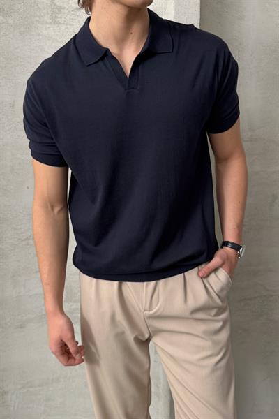 Erkek Oversize Pamuklu Polo Yaka Triko T-Shirt Lacivert