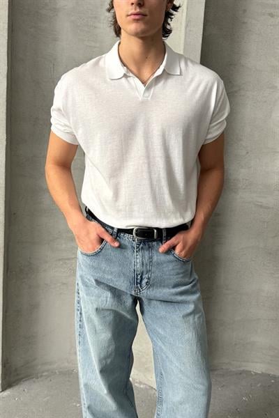 Erkek Oversize Pamuklu Polo Yaka Triko T-Shirt Beyaz
