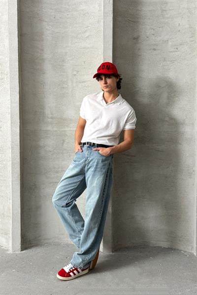 Erkek Oversize Pamuklu Polo Yaka Triko T-Shirt Beyaz