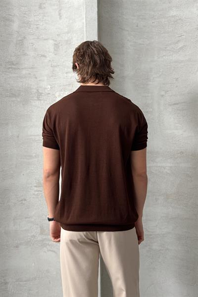 Erkek Oversize Pamuklu Polo Yaka Triko T-Shirt Kahverengi