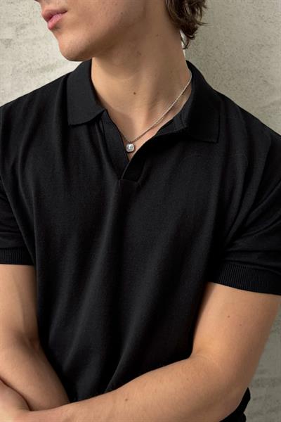 Erkek Oversize Pamuklu Polo Yaka Triko T-Shirt Siyah