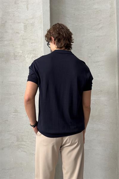 Erkek Oversize Pamuklu Polo Yaka Triko T-Shirt Lacivert