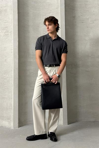 Erkek Oversize Pamuklu Polo Yaka Triko T-Shirt Antrasit