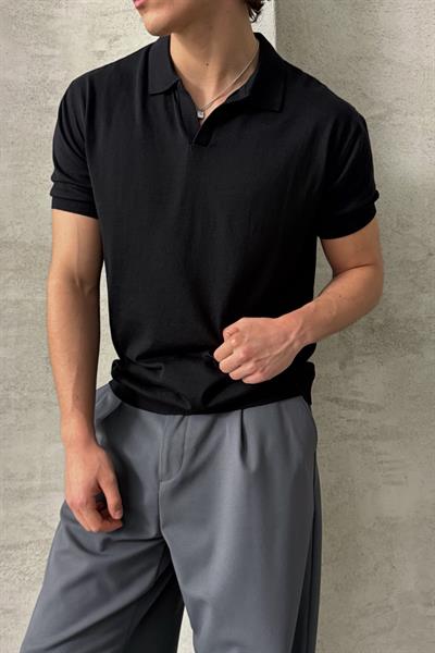 Erkek Oversize Pamuklu Polo Yaka Triko T-Shirt Siyah