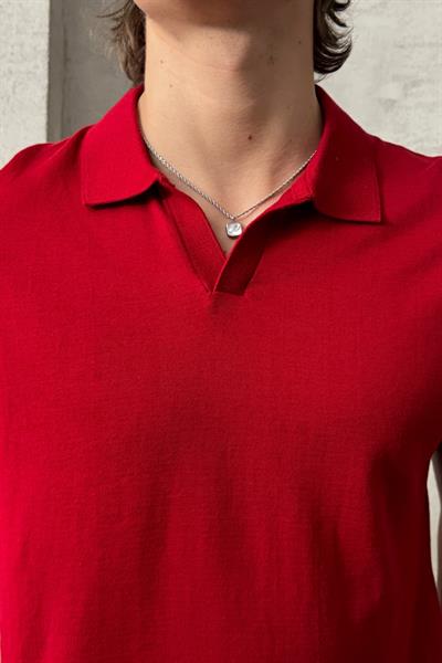 Erkek Oversize Pamuklu Polo Yaka Triko T-Shirt Kırmızı