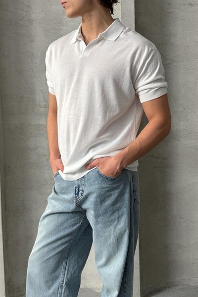 Erkek Oversize Pamuklu Polo Yaka Triko T-Shirt Beyaz