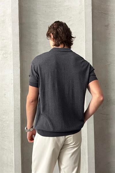 Erkek Oversize Pamuklu Polo Yaka Triko T-Shirt Antrasit