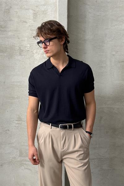 Erkek Oversize Pamuklu Polo Yaka Triko T-Shirt Lacivert