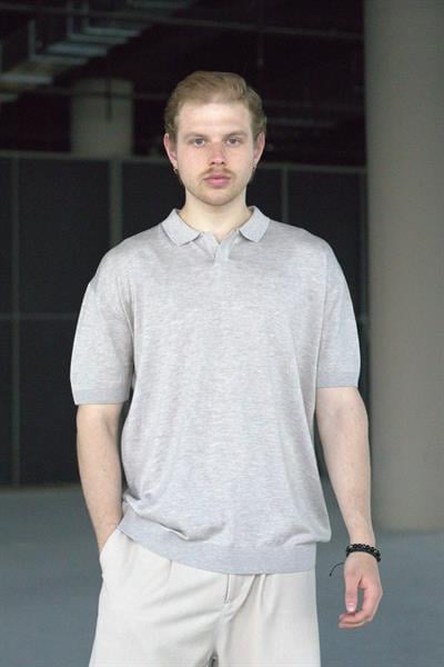 Erkek Oversize Pamuklu Polo Yaka Triko T-Shirt Bej