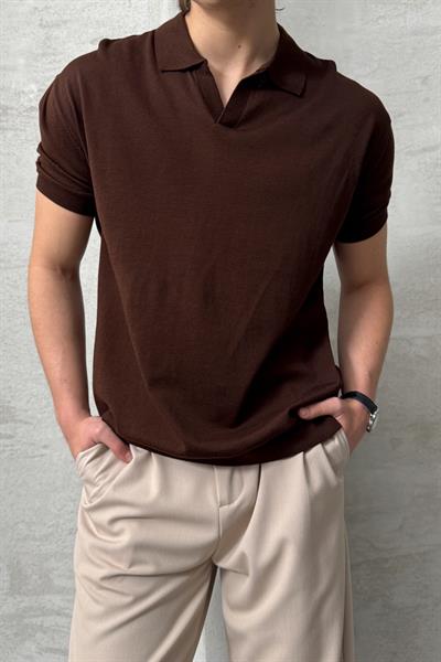 Erkek Oversize Pamuklu Polo Yaka Triko T-Shirt Kahverengi