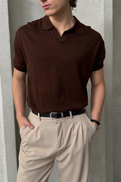 Erkek Oversize Pamuklu Polo Yaka Triko T-Shirt Kahverengi