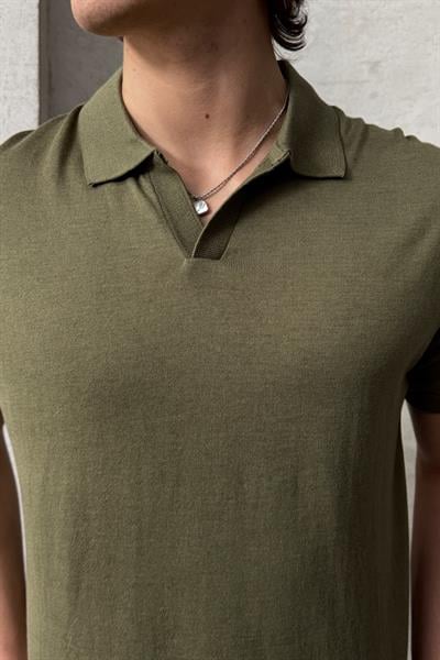 Erkek Oversize Pamuklu Polo Yaka Triko T-Shirt Yeşil