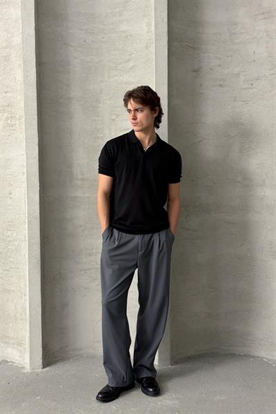 Erkek Oversize Pamuklu Polo Yaka Triko T-Shirt Siyah