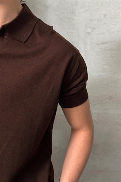 Erkek Oversize Pamuklu Polo Yaka Triko T-Shirt Kahverengi